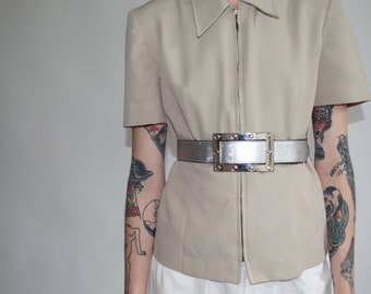 vintage jacket, vintage zipper front jacket in taupe, militaristic , exaggerated collar short sleeve mid 1990's || sz US 6