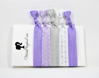 Silver Arrows Hair Ties, Silver Foil, Purple, Silver Dots, Handmade Elastic Hair Ties, Elastic Ribbon, Ponytail Holder, Knotted MissPonytail