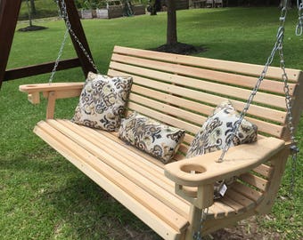5 Ft Handmade Cypress Porch Swing with Cupholders Custom Engraving & Staining Available (FREE SHIPPING)