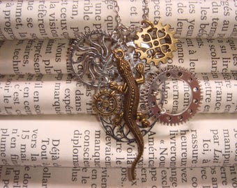 Lizard and gears steampunk necklace
