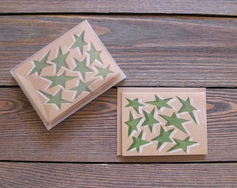 Star Letterpress Stationery. Set of 8 Green and White Color Cards.
