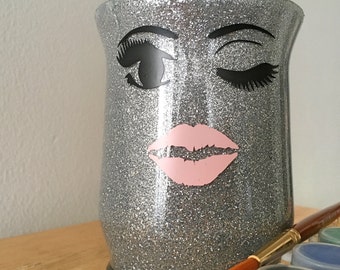 Glitter Glass Pencil and Pen Holder, Paint brush Holder, Lipstick organizer, Artist Brushes, Confidence Builder