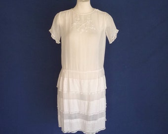 1910s 1920s Edwardian Dress Antique Sheer White Cotton Embroidery Lace Ruffles M