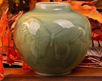 Rookwood Pottery Vase, 1947 Gloss Celadon Butterfly Round Vase #6509