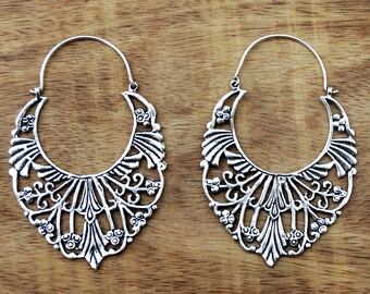 Gypsy Hoop Earrings, Silver Hoop Earrings, Boho Earrings, Large Tribal Earrings, Filigree Earrings, Silver Hoops, Gypsy Jewelry