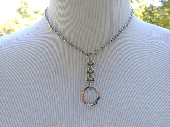 24/7 Wear Discreet Symbolic O Ring Day Collar Necklace, Submissive Slave Collar, Stainless Steel with Captive Swarovski Gray Glass Pearls