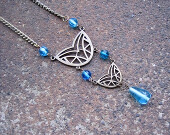 Eco-Friendly Statement Necklace - Lothlorien - Recycled Vintage Brass Curb Chain and Clasp, Cut-Out Dark Brass Medallions, Blue Glass Beads