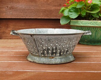 Graniteware Colander, Vintage Gray Enamel Colander, Enamelware Strainer