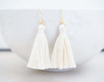 Cream White and Gold Tassel Earrings