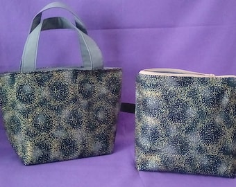 Handbag and Zippered Pouch Set (Black w/Gold & Silver Dust)