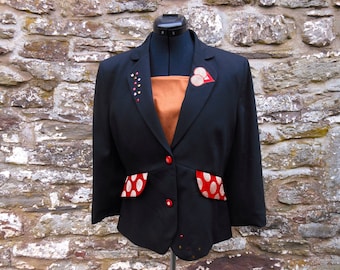 Upcycled black peplum jacket. Restyled occasion jacket, sequin jacket, applique jacket. Restyled eco chic, OOAK.