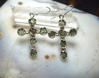 Moldavite cross earrings - genuine natural tektite crystal stone raw rough - solid 925 Sterling Silver - green meteorite french hook Ci6y