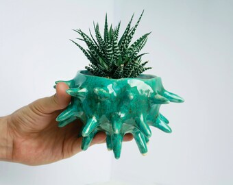 Blue sea urchin - Ceramic Planter - Succulent Planter - Ceramic Sea Urchin - Spiky Planter - Plant Holder- Modern Planter - Succulent Pot