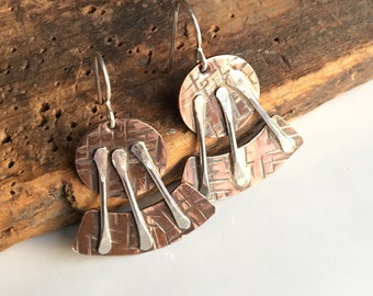 50% OFF Copper and Sterling Earrings, Dangle and Drop Earrings, Soldered Earrings, Metalwork Earrings, Unique Earrings, Rustic