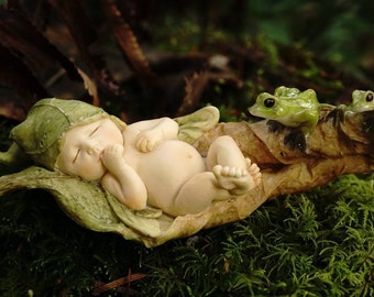 Miniature Dollhouse FAIRY GARDEN ~ Sleeping Fairy Baby With Little Frogs ~ NEW