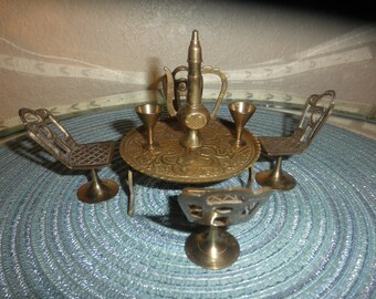 Brass Round Table Four Chairs Goblets Miniature for Dollhouse