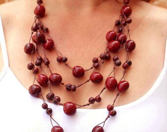 Red Bead Necklace - Eco Jewelry - Red Statement Necklace - Multi Strand Necklace - Great Gift Ideas for Women - Red Necklace 1070
