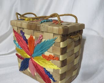 Vintage 50s Wicker Handbag Purse Novelty Basket Large Rockabilly Atomic Flower Burst Summer Beach