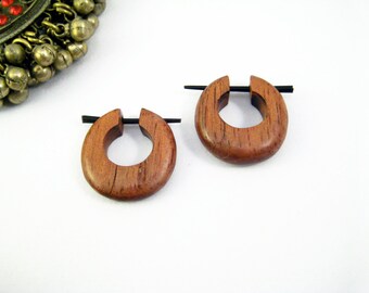 Hoop Post Earring Wood Hand Handmade Tribal Style - Gauges Plugs Bone Horn - PE011 W G1