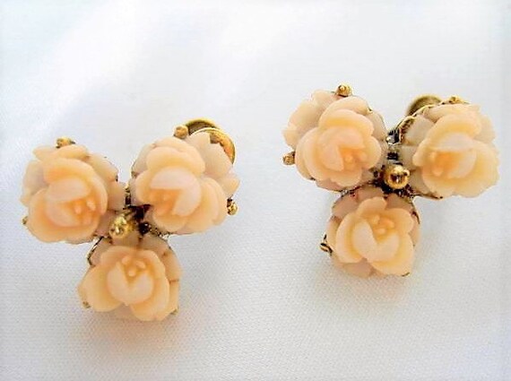 White Rose Earrings, Celluloid Roses, Three Roses, Adjustable Clip Ons