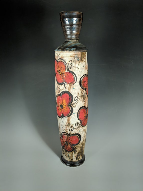 Handmade Ceramic Tall Vase with Astronaut and Pansy's