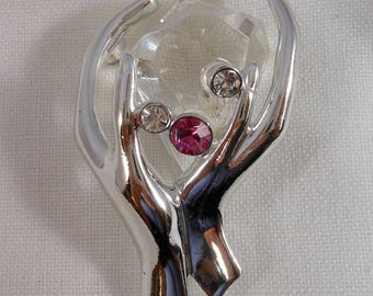 Vintage Silver Tone Hands Holding Diamond with Rhinestones Pin Brooch