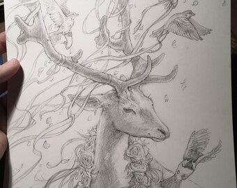 Dear and birds Original drawing by Renae Taylor