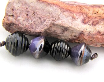 Shiny Bicones Iridescent Purple Oil Slick & Metallic Gunmetal Black Ridged Bicones Lampwork - set of four