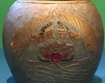 VINTAGE BRASS Enameled SIGNED Vase By A. Dellaux