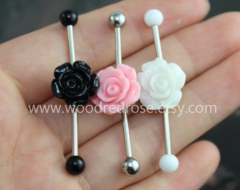 Flower Industrial Barbell, flower Body Jewelry Ear Jewelry Double Piercing,Hydrangea Belly Button Rings, flower earring