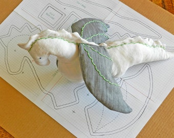 Upcycle Recycle Repurposed Eco-Friendly - White Linen Dragon with Denim Wings - PDF Pattern with Photo Instruction - A Perfect Magical Gift!