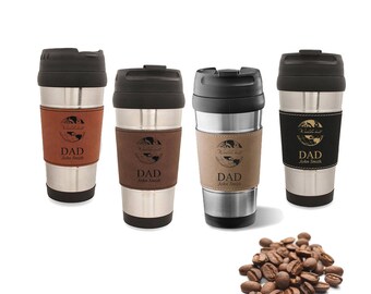 World's Best Dad Leatherette Travel Coffee Cup - Insulated Steel Travel Coffee Mug for Dad - Eco Friendly Reusable Hot Drink Mug Gift Idea