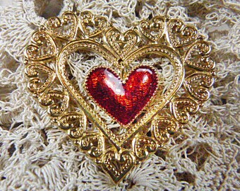 Vintage Filigree Gold Heart Tack - BR-506 - Filigree Heart Brooch - Gold Filigree Heart Tack - Gold Filigree Heart Pin