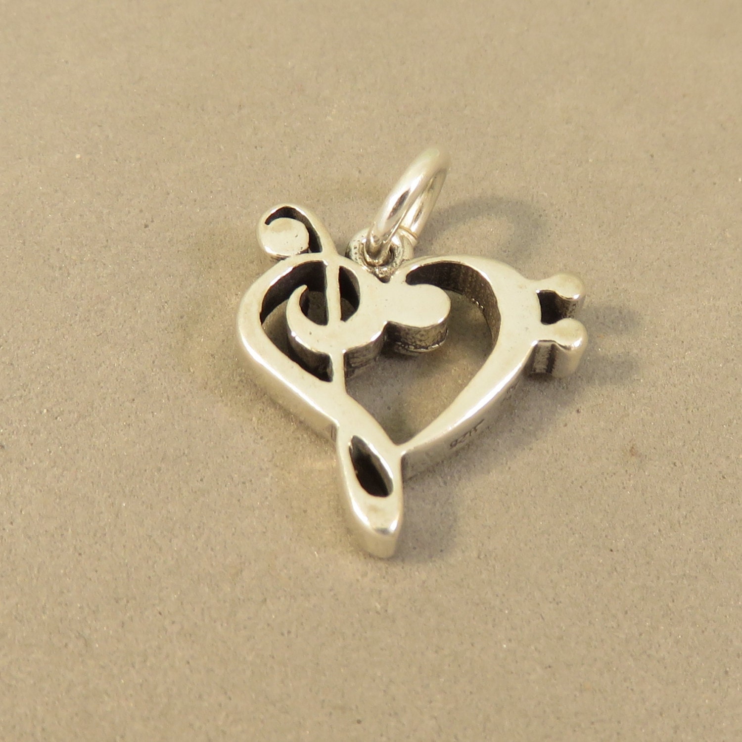 Sterling Silver 3-D BASS Clef & TREBLE Clef HEART Charm