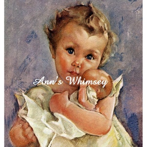 Little GIRL and DOLL - Little Girl and Baby Doll - 1940s Art - Little Girl's Room. Nursery Wall Art #112