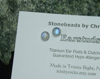 Rainbow Moonstone Blue Tint 6mm Stud Earrings Earings Titanium Post and Clutch Hypo Allergenic Handmade in Newfoundland Icy Cool