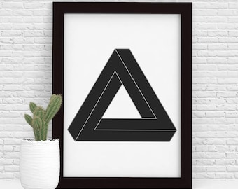 Minimalist Wall Art Printable, Geometric Wall Decor, Geometric Print, Impossible Triangle, Penrose Triangle, Impossible Shapes, Grey, Silver