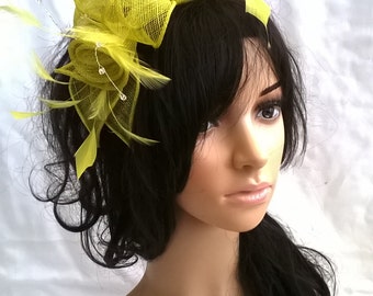 Very zesty Yellow/mid lime rosette Sinamay and Feather Fascinator..on a headband