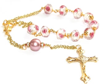 Single Decade Pocket Rosary - Pretty Lampwork Glass Beads with Roses, Gold