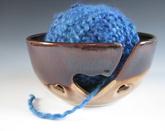 Ceramic Yarn Bowl, Pottery Knitting Bowl, Hearts, Brown, Tan