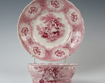 Antique Red Staffordshire Transferware Cup & Saucer Gazelle Pattern