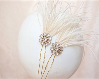 Gold Rhinestone Hair Pins,Gold Bridal Hair Pins,Gold Wedding Hair Pins,Ivory Feather Hair Pins,Ivory Feather Hair Piece,Feather Hair Pins