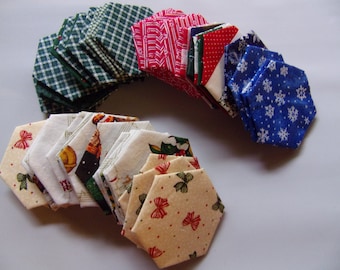 pre-made English paper piecing hexagons 1.5", set of 50 Christmas hexagons, EPP made from fabric, , finished EPP hexagon sewing supply