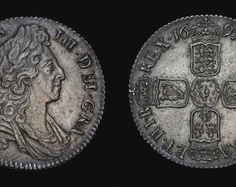 Old English Coin Antique Genuine William III Solid Silver Shilling 1697, British