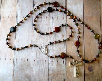 Franciscan Crown Rosary in Red Creek Jasper - Earth tone Franciscan Rosary with Tau Cross and Saint Francis/ Saint Anthony Center