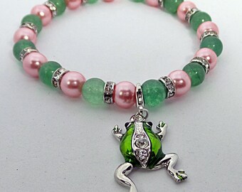 Alpha Kappa Alpha Sorority Inspired Frog Bracelet, Pink and Green Bracelet, AKA Charm Bracelet, AKA Jewelry, Sorority Jewelry, Frog Charm