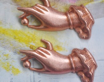 Neo Victorian Brass Stampings of Hand with Pearl, TWO, Rose Gold Ox Stampings, Brass Ox Supplies, Craft Supplies, Findings