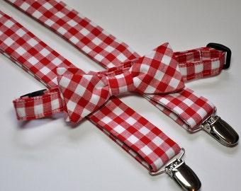 Men's Red Gingham Bowtie and Suspender Set