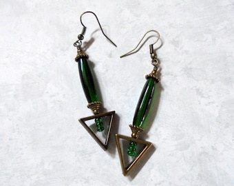 Emerald Green and Brass Earrings (2775)