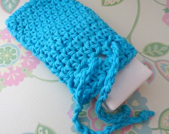 Crochet Saver Bag/Pouch, Soap Sack with Drawstrings in Turquoise - 100% Cotton - Ready to Ship